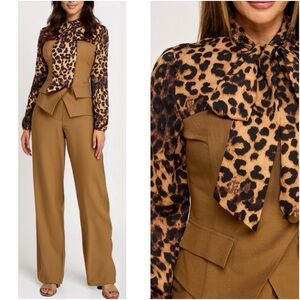 Leopard Print Tie-Neck Pantsuit in Camel